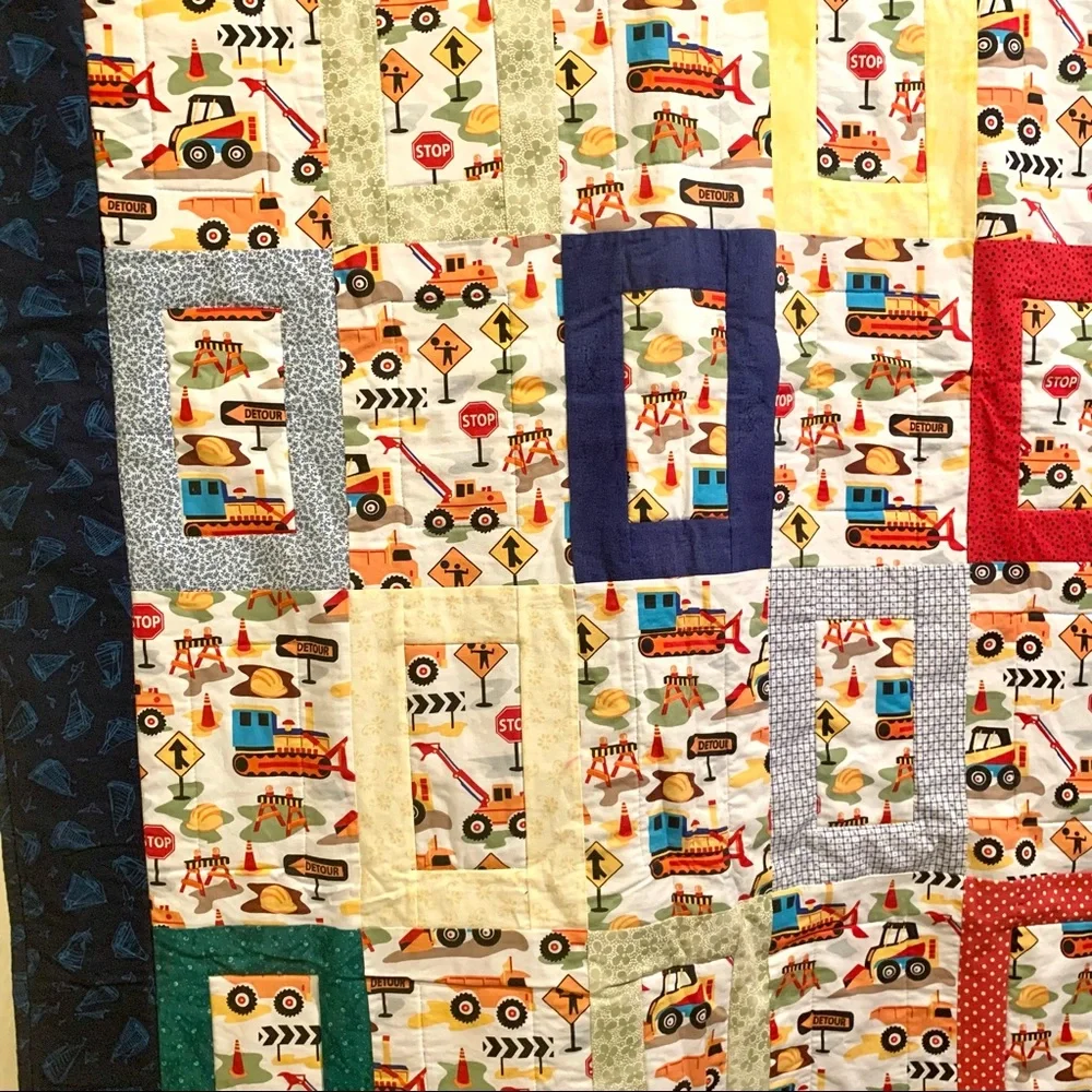 Handmade Child’s Construction Vehicles Transportation Patchwork Quilt Multicolor